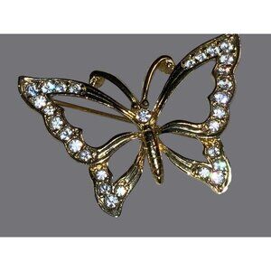 Gold Tone Butterfly Brooch With Clear Rhinestone Detailing
